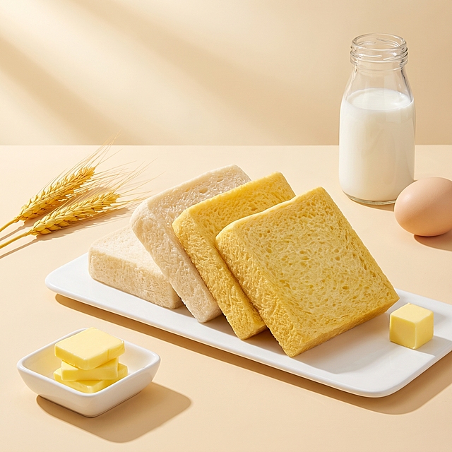 商业美食摄影，吐司面包错落堆叠在白色长瓷盘上，吐司外形与参考图一致，内部组织蓬松细腻，气孔绵密，松软有光泽；白色长盘左前方放置一个白色方形小碟，碟中堆叠数块明黄色小黄油块；盘子右侧边缘放一块单独的黄油丁；背景左后方点缀两支金黄色成熟麦穗；右后方摆放一颗浅棕色鸡蛋和一只透明玻璃牛奶瓶，瓶中盛满乳白色牛奶；整体场景置于浅暖米淡黄色渐变柔和无缝背景之上，桌面与背景同色，形成柔和的一体式空间。柔和的自然光从左上方斜射而入，在面包、黄油与器皿下方形成温暖清晰的长投影，光影过渡自然，明暗对比适中；整体色调为柔和浅米色渐变干净简约食品电商背景，低饱和度，营造出健康、自然的早餐氛围，画面干净明亮，高级感十足。高分辨率8K画质，极致细节，面包表面松软多孔的质感、黄油的柔滑光泽、牛奶瓶的玻璃通透感、麦穗的纤维纹理均清晰可见；浅景深，主体锐利突出，专业广告级布光。