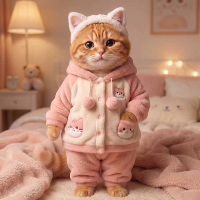 移除图片中猫咪头上的双马尾毛发装饰，保留原本的毛绒猫耳帽子，整体画面保持原有的可爱温馨风格，猫咪的橘色毛发、粉色毛绒家居服和背景环境都保持不变，画面自然协调无违和感预览效果
