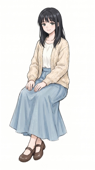 参考原图片的角色形象：黑色长发女生，米白色针织开衫，白色内搭，浅蓝色长裙，棕色皮鞋，生成该角色不同姿势的全身图，不添加背景，保持纯白背景预览效果