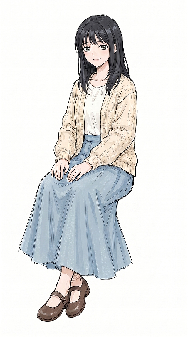 参考原图片的角色形象：黑色长发女生，米白色针织开衫，白色内搭，浅蓝色长裙，棕色皮鞋，生成该角色不同姿势的全身图，不添加背景，保持纯白背景
