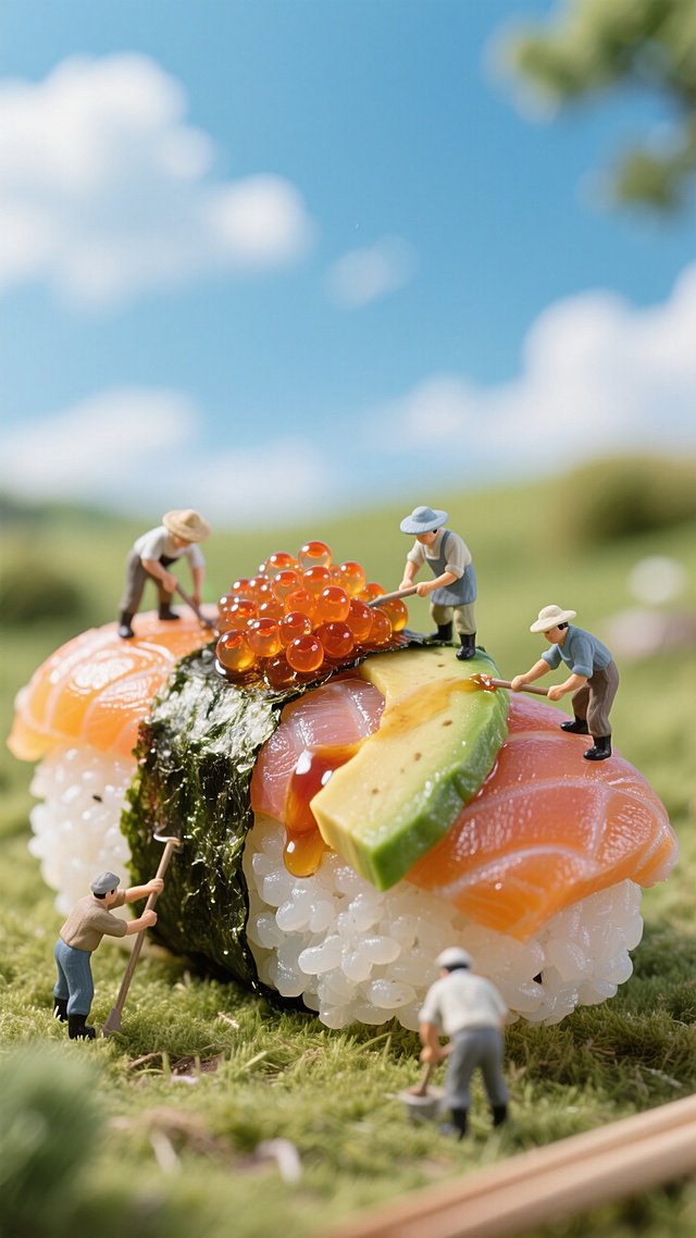 微缩艺术风的超现实主义设计，小人耕作于巨大寿司上，清新趣味，创意无限。