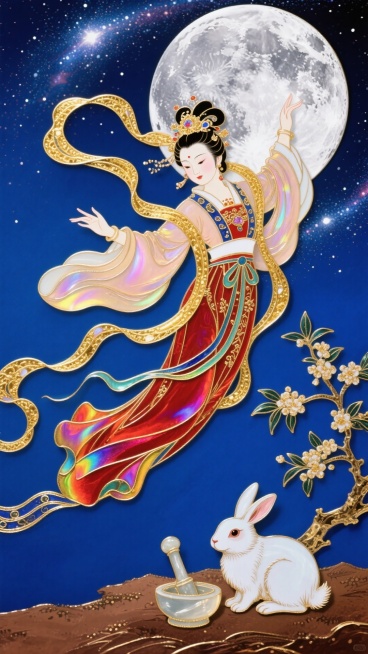 唐卡风格，一个20岁身着唐制汉服的女子作飞天姿势，金色飘带装饰，头饰为唐朝传统女性风格。身旁有一只玉兔拿着玉杵跪地捣药，玉兔脚底下为土地。背景是银色满月、银河、几根桂花树枝，整体色调以蓝、金、红为主。预览效果