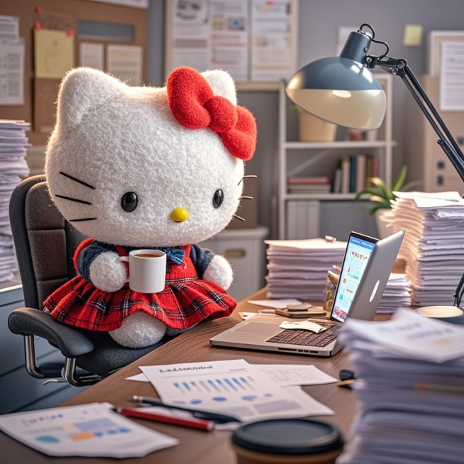 拟人的kitty端着咖啡，躺在办公桌前的办公椅上，在电脑前思考，周围有很多的文件，报表预览效果