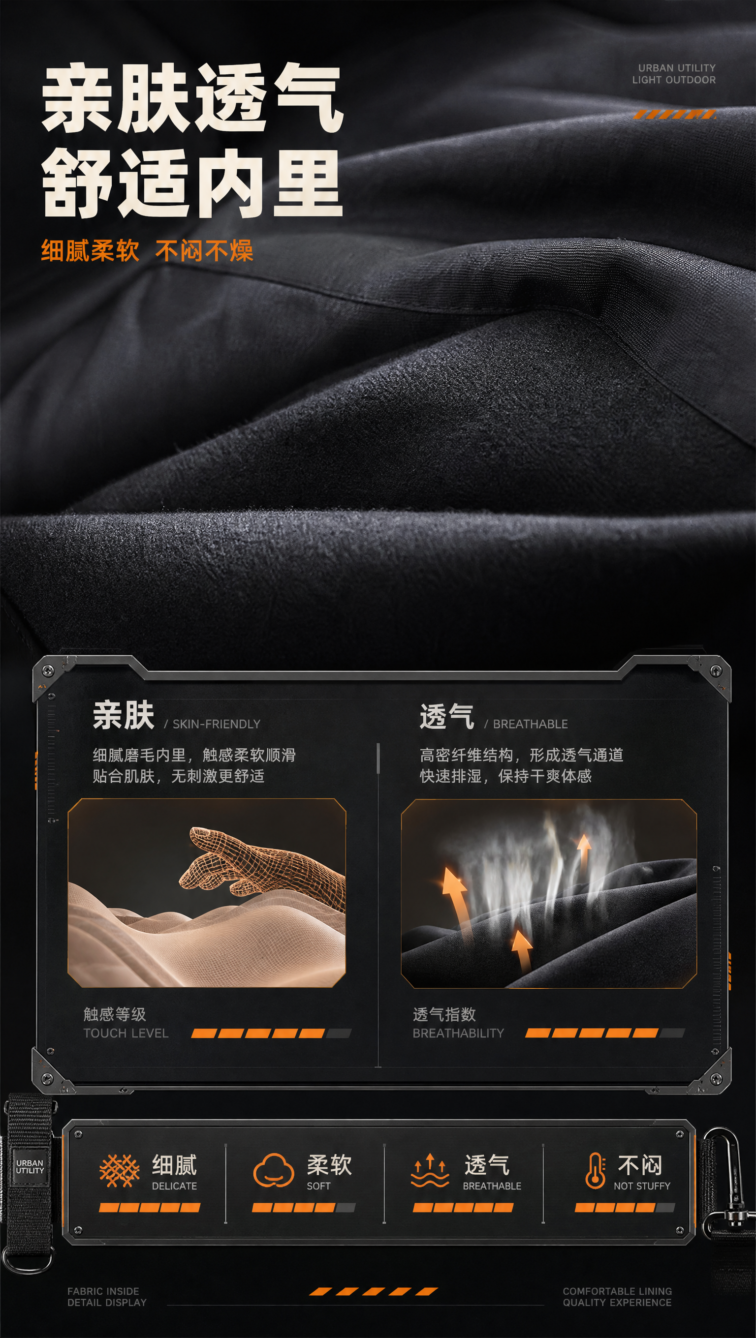 [详情页-3 面料内里] 亲肤透气内里与面料质感展示，都市机能… - 图片创意预览