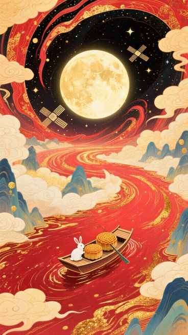 梦幻奇幻风格插画，全景，小船（漂浮在红金色河流上，船上有玉兔和两个月饼 ）居画底部，星空漩涡从小船向四周扩散成漩涡状星空（红金色交织） ，中央巨大的发光满月，卫星，超现实的星空河流世界，梦幻感，色彩以预览效果
