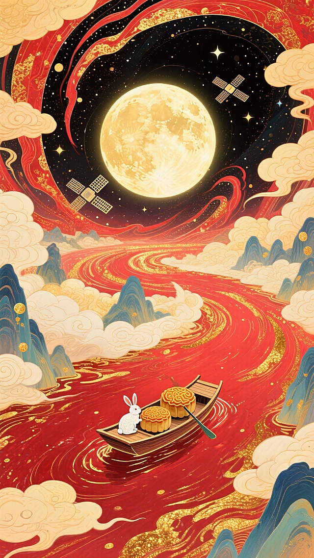 国潮风插画，融合中式元素与虚拟现实科技感，鎏金水彩渲染梦幻云海，玉兔泛舟于红河之上，月球与卫星共映中秋喜庆氛围。