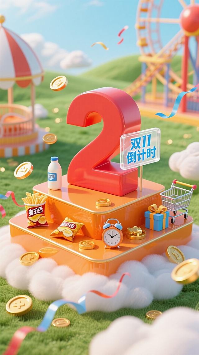 云朵上橙色双层展台，上面有巨大的红色数字 “2”，搭配透明小牌子上蓝色小字“双11倒计时”；展台搭配薯片、牛奶、闹钟、购物车、礼盒，点缀金币、彩带，游乐园背景