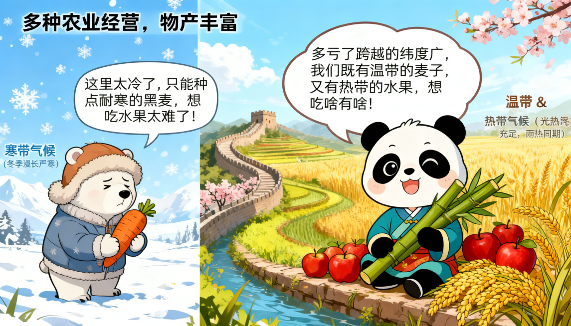 横版卡通漫画，标题写着"多种农业经营，物产丰富"。画面左侧占1/3，背景是冰天雪地雪花纷飞，一只戴毛帽子的拟人北极熊裹着厚棉袄冻得瑟瑟发抖，手里拿着冻僵的胡萝卜，愁眉苦脸，对话框写着"这里太冷了，只能预览效果