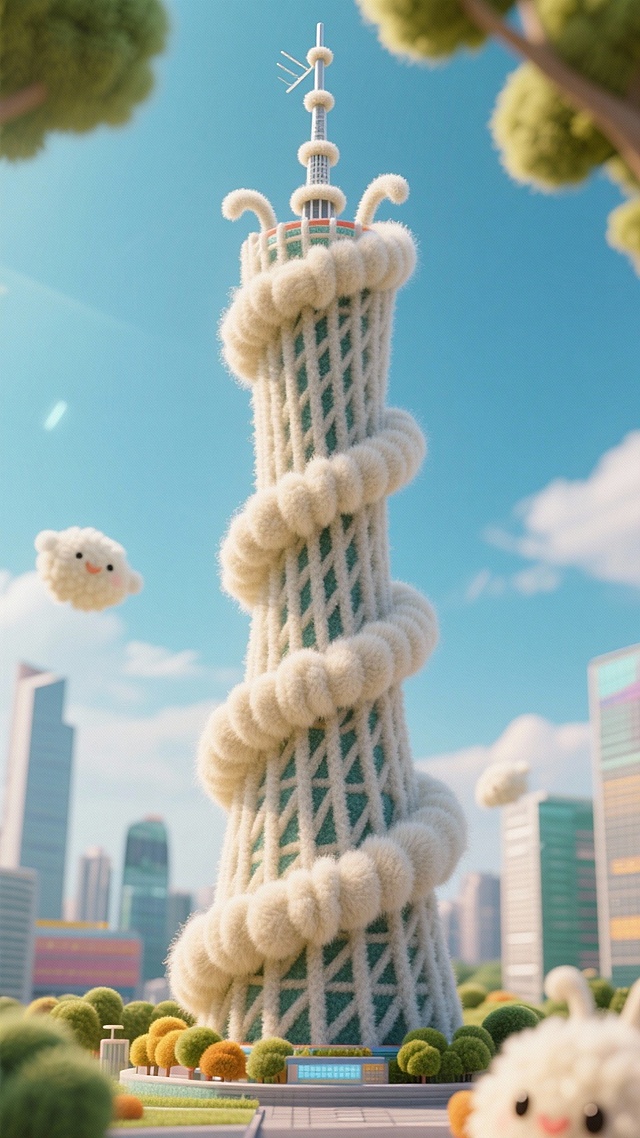 软3D风格的广州塔被毛茸茸的云朵缠绕，拟人化的小云朵在天空中飘浮，整体画面充满可爱感、卡通感与梦幻感，清新柔和，营造出舒适治愈的节日氛围。