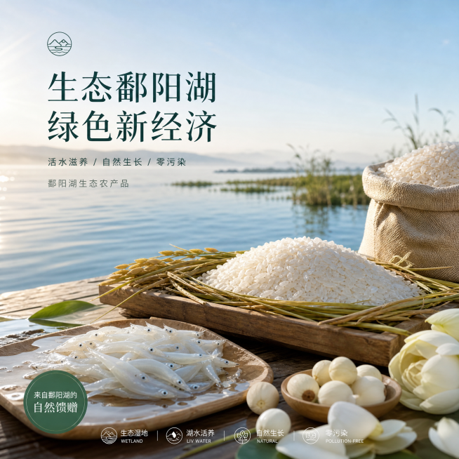 「生态鄱阳湖、绿色新经济」主海报（1:1方形1200×1200px），自然写实干净素雅的农产品高端电商风格，色调以湖水青、稻米白、原木浅色系为主，画面通透柔和，贴近真实乡村生态实景质感。取景鄱阳湖清晨预览效果