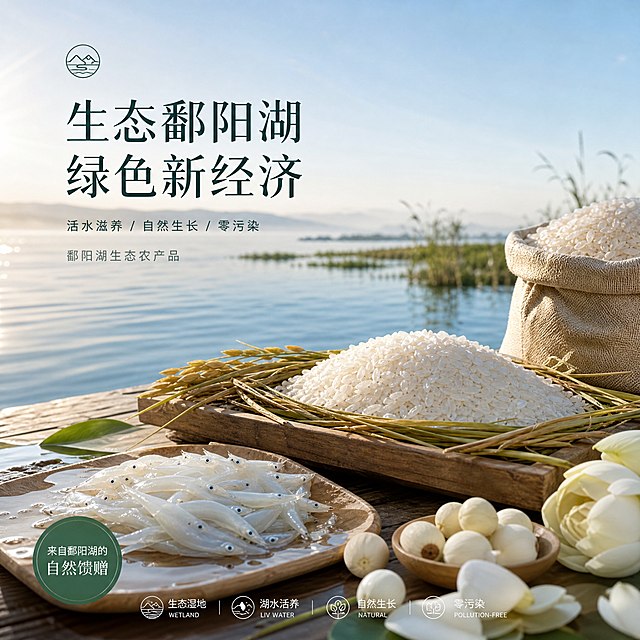 「生态鄱阳湖、绿色新经济」主海报（1:1方形1200×1200px），自然写实干净素雅的农产品高端电商风格，色调以湖水青、稻米白、原木浅色系为主，画面通透柔和，贴近真实乡村生态实景质感。取景鄱阳湖清晨自然湖景，湖面清水干净透亮带着微风轻波纹，画面中心摆放本地原生态大米、新鲜银鱼、手工白莲，大米颗粒饱满铺在天然稻秆与原木托盘上，银鱼莹白置于清浅水渍之上，白莲素雅错落摆放，无夸张特效，只用自然光影，借鄱阳湖活水、原生湿地环境，体现农产品湖水滋养、自然生长、零污染的核心特质，画面简洁高级，适配电商首页主视觉展示。