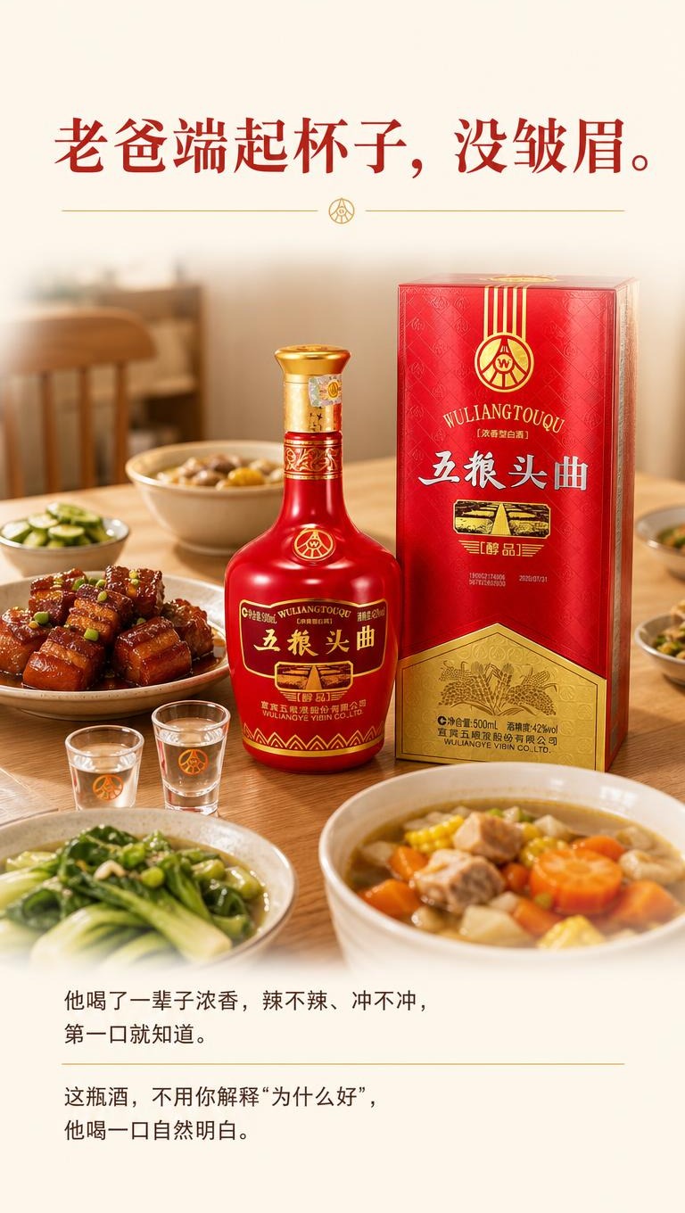 [商品] 使用【图1】五粮头曲醇品红瓶+红金包装盒组合；保留瓶… - 图片创意预览