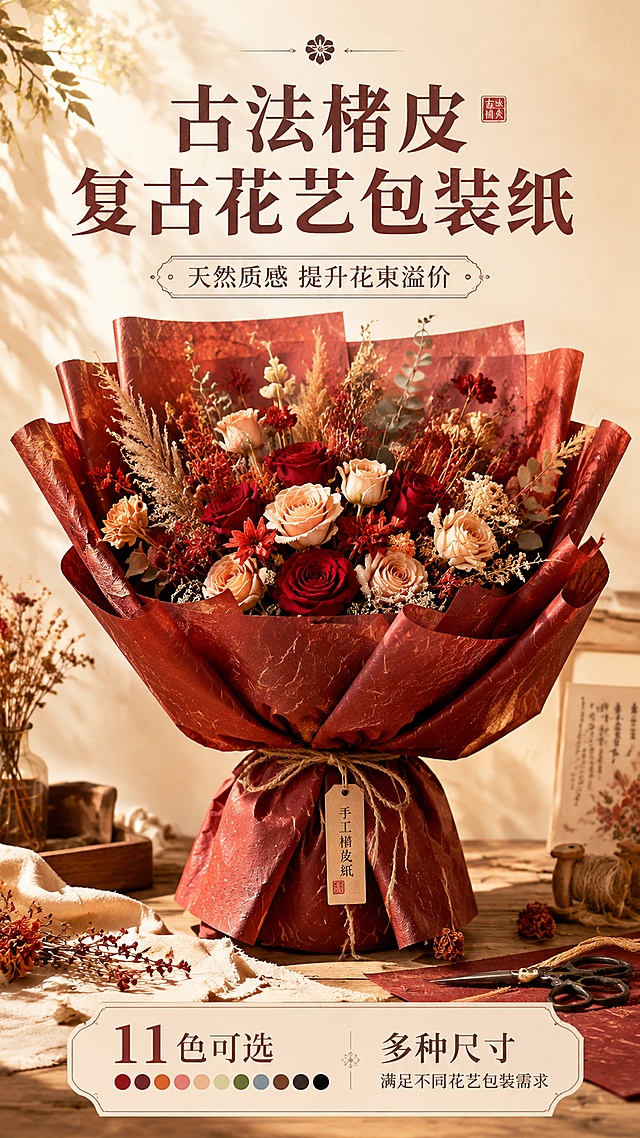 [第1屏] 详情页头图-鲜红包装纸花艺包装成品宣传海报。
[氛围/风格] 复古高级东方氛围感，暖调自然光影，商业摄影质感，凸显纸张自然肌理。
[元素布局] 使用展示鲜红包装纸包裹完成的花束作为主体，置于画面中心偏上位置，占比约65%-70%；下方搭配花艺桌面场景，增加干花、花艺剪刀作为装饰；强调包装纸纹理质感、颜色与商品特性一致。
[光影质感] 上方柔和自然光，纸张纹理呈现自然明暗，花束底部保留柔和投影，整体通透高级。
[配色色系] 全局底色 #F7F3ED；主色复古红棕；辅助色米白原木色点缀。
[视角构图] 正面平视，产品花束为绝对视觉中心，阅读动线从上到下自然流畅。
[文字版式] 顶部主标题「古法楮皮 复古花艺包装纸」，副标题「天然质感 提升花束溢价」；底部信息条标注核心卖点「11色可选 多种尺寸」；文字不遮挡主体花束，字号大小适配移动端清晰可读。
[比例分辨率] 9:16 竖版比例，4K分辨率，高清画质，文字清晰可辨。
[负向提示词] 纸张变形，纹理错乱，颜色偏差，文字模糊过小，水印，构图杂乱