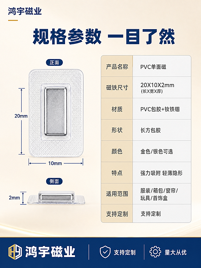 [商品] 使用【图1】【图2】PVC单面磁产品；保留透明PVC长方包胶+长方形银色磁铁的完整外观、尺寸比例和材质；精修清晰化。
[画面] 页面目标：规格参数收口，清晰展示20X10X2尺寸和完整PVC单面磁参数。左右构图，左侧为产品尺寸标注图，右侧为参数表格。左侧展示一枚PVC单面磁正面图和侧面图，用深蓝色尺寸线标注磁铁尺寸：长20mm、宽10mm、厚2mm，尺寸线清晰准确。右侧为浅灰色底参数表，列出产品各项参数。底部有深蓝色品牌信息条。背景为浅米色渐变，简洁干净。左上角文字"鸿宇磁业"。
[视觉] 套系策略：风格=蓝金工业品质风，源头工厂专业感；标题字=现代粗黑体，厚重有力；正文字=简洁无衬线体；主色=深蓝色+米金色；背景延展=浅米色渐变底，简洁干净；强调色=浅金色，用于表格表头和重点参数；标题色=深蓝色；正文色=深灰色；组件=深蓝色尺寸线、浅灰底参数表、深蓝色底部条；光影=均匀平光，产品清晰平整。
[文字] 顶部深蓝色大字标题写"规格参数 一目了然"。参数表包含：产品名称PVC单面磁、磁铁尺寸20X10X2mm（长X宽X厚）、材质PVC包胶+钕铁硼、形状长方包胶、颜色金色/银色可选、特点强力吸附 轻薄隐形、适用范围服装/箱包/窗帘/玩具/首饰盒、支持定制。尺寸标注数字清晰，参数表文字横排整齐，保证手机端可读。底部深蓝条白字写"鸿宇磁业 支持定制 量大从优"。
[规格] 图片比例3:4竖版，2K分辨率，避免变形、错字、文字过小、尺寸标注不准确、表格杂乱、水印、平台Logo。