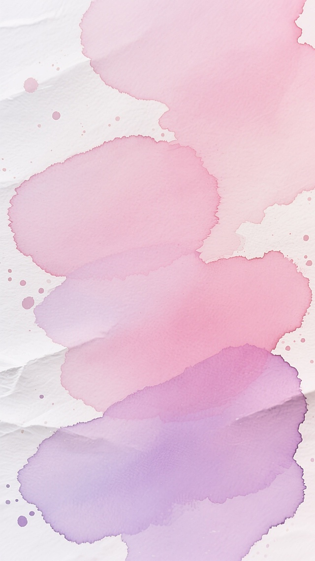水彩风格背景，采用柔和的粉色与淡紫色渐变配色，保留水彩特有的透明晕染质感，不规则的色块分布，边缘自然融合，带有细微的白色纸纹和水彩飞溅的随机斑点，整体呈现梦幻浪漫的氛围，色彩过渡平滑，层次丰富，具有水彩颜料在纸张上自然扩散的流动感和柔和的视觉效果。