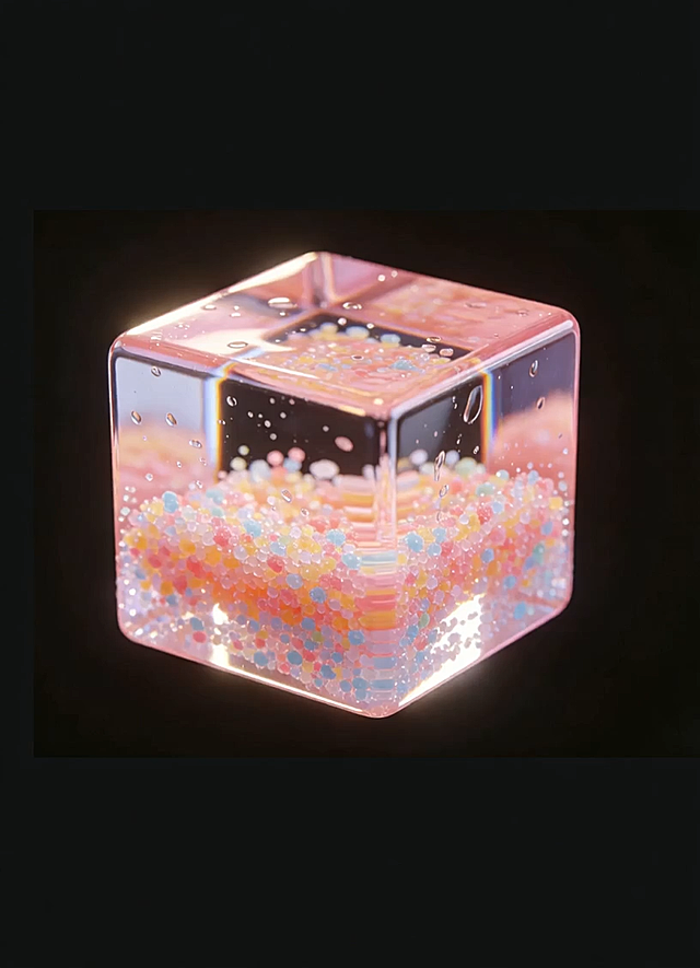 首帧到尾帧丝滑过渡，粒子碰撞声音清脆悦耳，粒子流动自然，通透玻璃质感带虹光渐变，画面稳定，五官清晰不变形