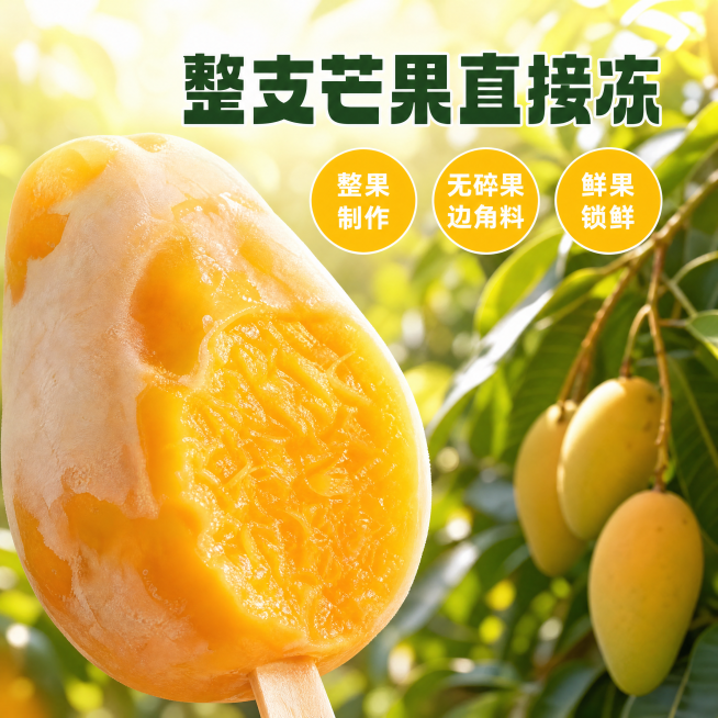 [主图-2] 芒巧冰整支冻芒果核心卖点展示图，突出整果制作优势
[氛围风格] 新鲜产地溯源，真实品质感
[画质] 商业摄影质感，光线通透自然，产品清晰真实，画面干净高级
[元素] 左侧放置切开的整支冻预览效果