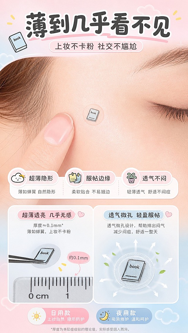 [商品] 使用【图2】痘痘贴单片细节；保留痘痘贴的圆形形状、透明边缘、办公小图标图案；展示超薄服帖的质地。
[画面] 目标：质地隐形效果展示，超薄上妆不卡粉。构图：上半部分真人脸部局部特写（脸颊/额头部位），痘痘贴贴在皮肤上，上妆后几乎隐形，边缘服帖；下半部分左侧微距展示痘痘贴厚度（用尺子/分层示意超薄），右侧展示透气孔/服帖度；阅读动线从上到下，先效果后原理。
[视觉] 套系策略：风格=可爱治愈系马卡龙插画风商业摄影；标题字=圆润卡通粗体；正文字=简洁圆润无衬线体；主色=樱花粉+雾霾蓝双色；背景延展=基于粉蓝做渐变晕染、同色系深浅层级、柔和纸张/云朵质感；强调色=奶黄色，仅用于小面积图标、引线、标签和高亮；标题色=深炭灰；正文色=中暖灰；组件=圆角奶白信息卡、虚线引线、可爱气泡框；光影=顶部柔和漫射光，整体明亮通透，软阴影。
[文字] 顶部主标题「薄到几乎看不见」，副标题「上妆不卡粉 社交不尴尬」；中部标注「超薄隐形」「服帖边缘」「透气不闷」3个卖点；底部小字说明「日用款上妆自然 夜用款吸液修护」；文字全部横排，不遮挡脸部主要区域。
[规格] 图片比例9:16竖版，4K分辨率，避免变形、错字、文字过小、医疗前后对比、夸大效果、皮肤过度磨皮失真。