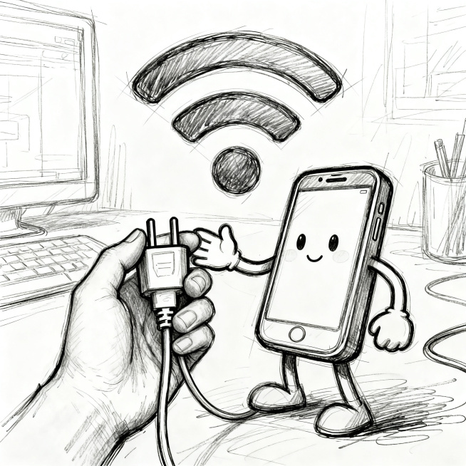 大一新媒体创意设计草图，以"连接"为主题，拟人手法，WiFi信号拟人化作温暖的手握住手机插头，线条稿风格，手绘草图预览效果