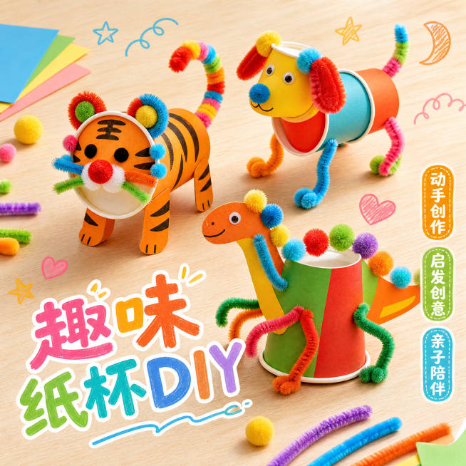 [主图-3] 儿童手工DIY材料包，创意童趣展示风格。氛围风格：活泼童趣手绘质感混搭风，充满童真趣味。画质：商业摄影融合插画点缀，产品清晰，画面色彩活泼。元素：中心展示老虎小狗恐龙三个不同造型的成品，预览效果
