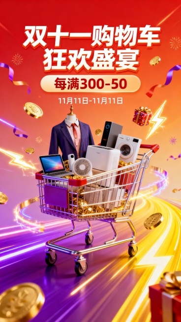 双十一购物车狂欢营销模板，背景是渐变的红色和橙色配色方案，带有霓虹紫、金、黄色动态光线增强画面活力感与色彩层次感，中央是装满服装、电子产品、家居用品的精美购物车，周围环绕促销元素、节日装饰、金币、发光预览效果