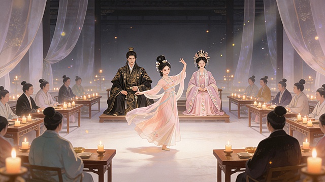 唯美仙气新中式柔光古风插画，温柔言情国风原画，柔焦氛围感唯美古风，非传统工笔、非厚重写实厚涂，全片人物统一同款唯美插画画风，画面自带浪漫氛围感；线条与质感：无生硬实勾轮廓线，全画面柔化朦胧边缘，软质渐变晕染笔触；肌肤通透柔雾细腻肌理，锦缎面料细腻哑光暗纹肌理，金银珠饰温润珠光细腻质感，发丝顺滑分层柔润渐变绘制，衣料褶皱柔和贴合体态，整体画面带细微柔光胶片颗粒肌理；色彩：低饱和温柔暖调莫兰迪配色，主色：柔藕粉、暖米白、浅赭石、雾青瓷灰；点缀淡鎏金、浅豆沙海棠粉，全画面温润低饱和，禁用荧光高饱和刺眼色块，整体冷暖色调柔和统一，暖调柔光打底；细节表现：8K超高清RAW原图画质，五官精致灵动唯美，眉眼柔润细腻、神态情绪刻画自然；古典淡胭脂妆容，无现代网红浓妆，衣身刺绣暗纹、步摇宝石珠光切面、配饰纹路精细刻画，人物服饰、发髻严格遵循北周、隋代历史形制，背景浅虚化留白；光影效果：全域暖调漫射柔光+细碎丁达尔光斑，柔焦浅景深虚化远景，人物牢牢占据画面视觉焦点；阴影浅淡通透不死黑，受光面漫铺温润暖柔光。全景，夜宴殿，舞姬在中间跳舞。皇帝头带通天冠+身穿玄色龙袍、皇后朝天凤髻配东珠步摇+藕荷皇后衫，坐在舞姬跳舞场地的里面，位于图片中间主座，为画面焦点，两侧错落楠木宴桌，大臣坐在桌前，满堂暖烛，柔光铺满殿宇，轻纱帷幔随风微动
