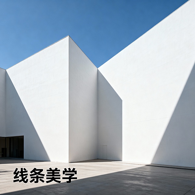 街头建筑摄影构图，对称式构图捕捉现代美术馆的几何线条，阳光在纯白墙面上投射出锐利阴影。左下角标注"线条美学"文字，使用黑色现代字体。风格是极简建筑摄影，比例3:2。