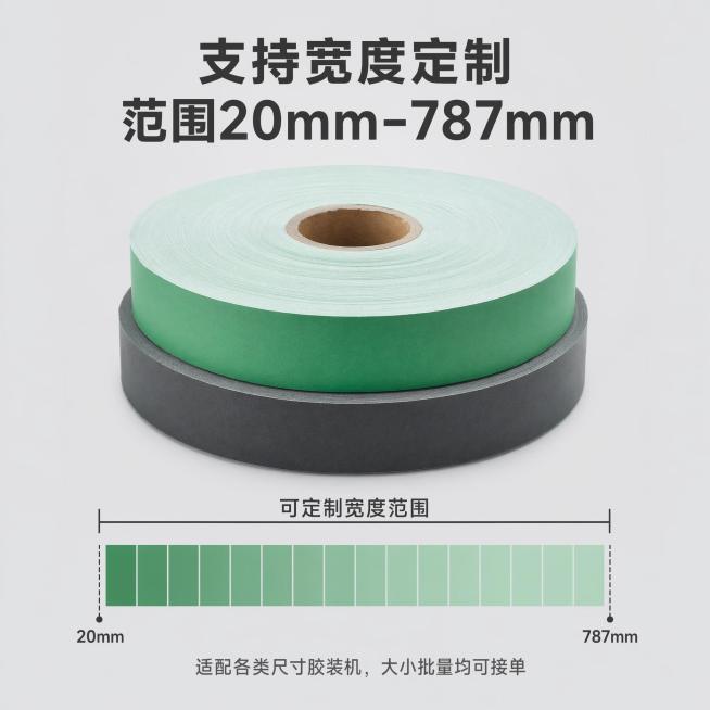 [主图-7] 规格定制范围说明图
[氛围风格] 清晰规整参数展示
[画质] 清晰商业摄影，参数文字易读
[元素] 包背纸卷主体居中，下方用条形图示展示可定制宽度范围，从20mm到787mm，用标注线清预览效果