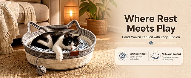 [商品] 使用【图8】【图5】猫耳编织猫窝；保留猫耳造型篮体、灰白棉绳编织纹理、蓝白波浪纹坐垫、边缘绳结玩具球和棕色标签；商品处理：理顺编织绳线、增强棉绳纹理与坐垫软感，自然去除杂乱褶皱，不改变版型、颜色和结构。
[画面] 目标打造高级宠物家居氛围头图：猫窝放在欧美风格客厅沙发旁暖色地毯上，一只猫蜷在窝内休息、前爪搭在边缘，暖光落地灯、绿植和编织毯构成三层环境；主体占画面65%，位于画面左2/3，右1/3暖色留白放标题；构图左物右文，阅读动线从猫窝光晕到标题区。
[视觉] 套系策略：风格=跨境高级宠物家居商业摄影；标题字=现代圆润无衬线粗体；正文字=简洁无衬线体；主色=暖米白燕麦色；背景延展=基于暖米白做深浅层级、同色渐变和细腻编织/织物质感；强调色=柔和蓝（坐垫波浪蓝），仅用于小面积图标、引线和标签；标题色=深暖棕灰；正文色=中暖灰；组件=圆角浅色信息卡、细线引线、编织纹图标；光影=左前侧自然暖柔光。
[文字] 右侧留白放主标题"Where Rest Meets Play"、副标题"Hand-Woven Cat Bed with Cozy Cushion"和2个短卖点"Soft Cotton Rope"、"All-Season Comfort"；所有文字横排、层级清晰，不遮挡猫咪和猫窝主体。
[规格] 61:25横版(1464×600)，4K；避免变形、错字、文字过小、中文文字、水印、冷蓝灰主色背景、猫咪花色改变、产品结构改变、漏件错件。