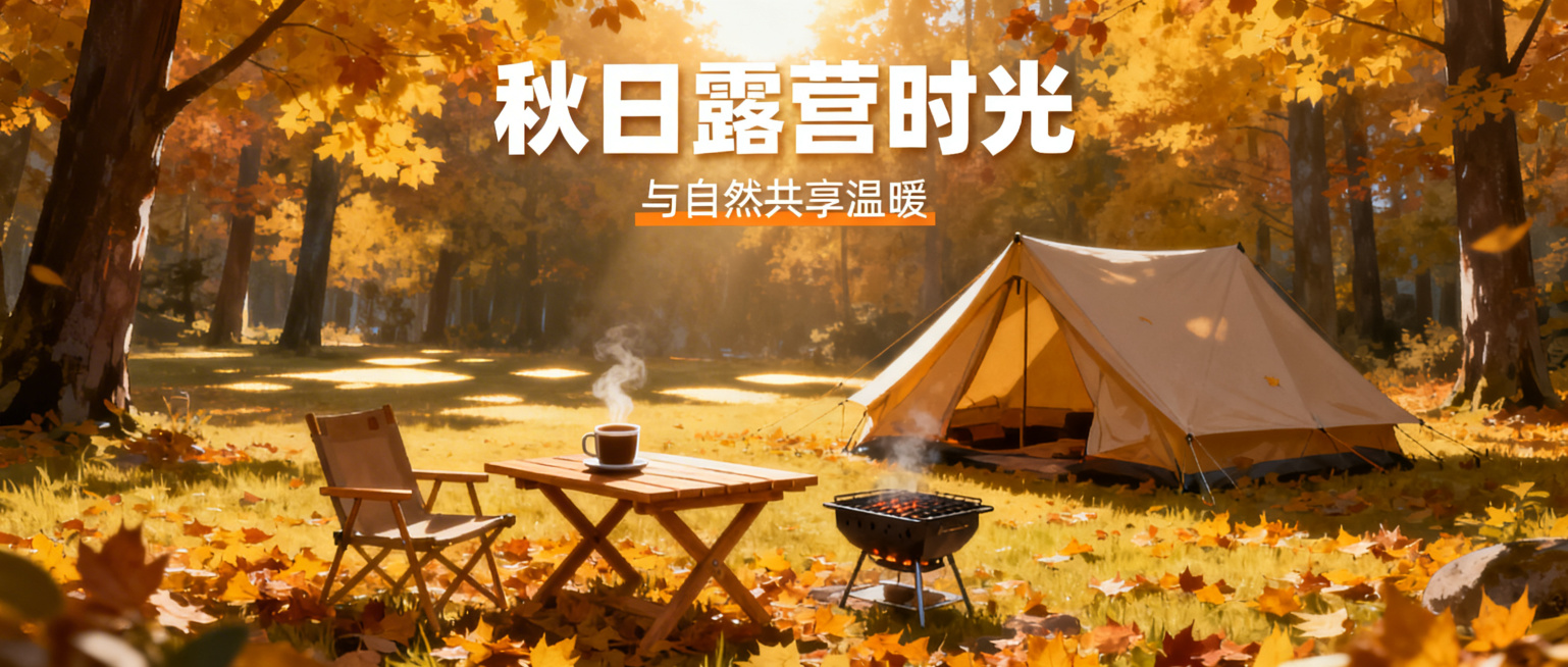 秋日露营主题，秋日森林中的户外露营场景，铺满金黄落叶的草地上，有搭建好的帐篷，木质露营桌椅，热咖啡和烤架，远处阳光透过秋叶洒下，氛围温暖治愈，适合作为微信公众号首图预览效果