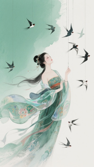 国风插画，传统色彩，色彩缤纷，透明发亮，传统图案的绸缎布料从空中悬下来随风吹起，随风舞动，美丽的古典女子上半身特写，群鸟疾飞，水墨意境，大面积留白，绿色背景，超现实主义，极简主义，简单色块，摄影艺术细预览效果