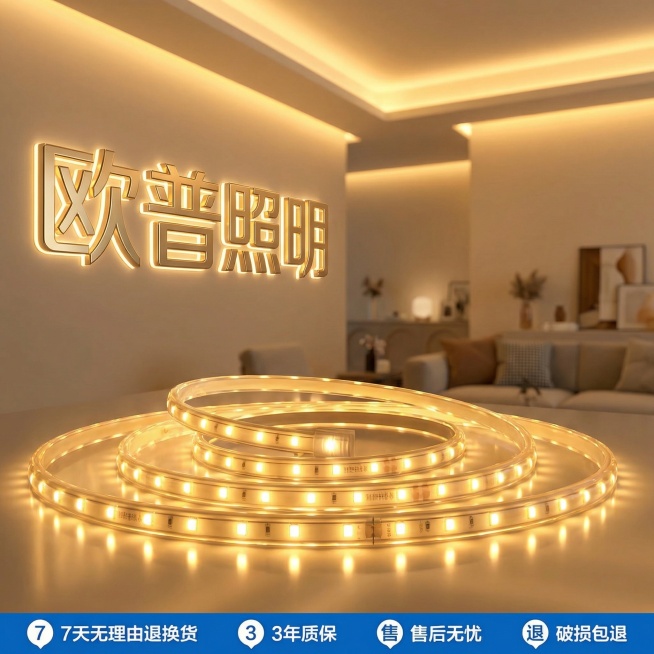 「图片1」1比1保留灯带，中性光，欧普照明文案字体字效改好看显眼一点，换个居家客厅实体场景，要有天花吊顶氛围灯处在亮灯状态，虚化背景凸显灯带。预览效果