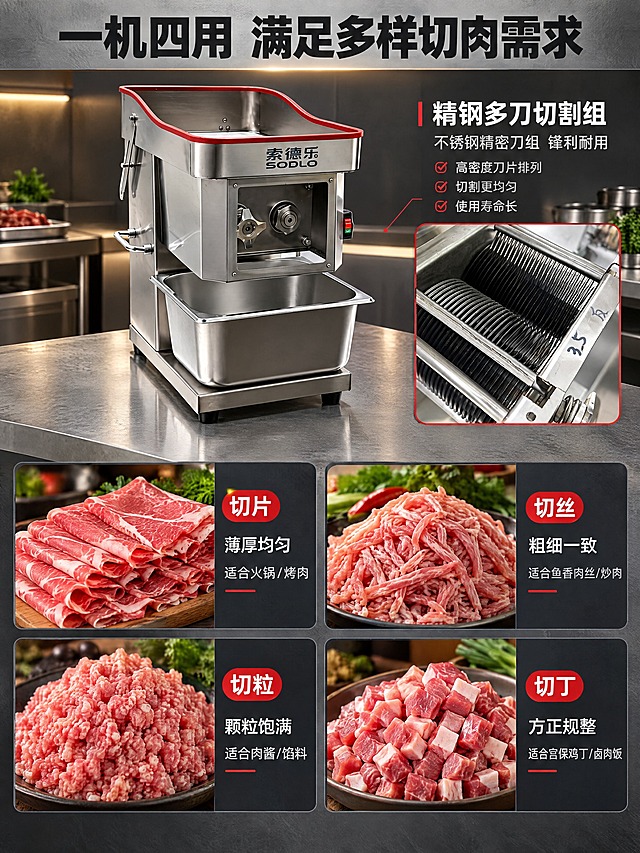 [商品] 使用【图1】【图2】索德乐SODLO商用不锈钢切肉机及刀组细节；保留产品结构、不锈钢刀组刀片、3.5mm刀组标识等；增强金属刀片锋利质感。
[画面] 一机多用功能展示页，目标是展示四种切法效果。上中下构图：上方主标题区，中间产品图占35%，下方四宫格展示四种切法的成品效果（肉片、肉丝、肉粒、肉丁），每格配切法名称和适用场景说明。
[视觉] 套系策略：风格=国内电商工业风商用厨房商业摄影；标题字=粗黑无衬线黑体；正文字=简洁无衬线中黑体；主色=不锈钢银灰+工业深灰；背景延展=基于深灰和不锈钢色做深浅层级、同色渐变和金属/石材质感；强调色=中国红，仅用于小面积标签、引线、重点数字高亮；标题色=深炭灰；正文色=中灰；组件=深色圆角信息卡、细线引线、红色数字标签；光影=左前侧硬光突出金属质感，背景暖光烘托氛围。
[文字] 顶部主标题"一机四用 满足多样切肉需求"，下方四宫格分别标注："切片 薄厚均匀 适合火锅/烤肉"、"切丝 粗细一致 适合鱼香肉丝/炒肉"、"切粒 颗粒饱满 适合肉酱/馅料"、"切丁 方正规整 适合宫保鸡丁/卤肉饭"。每格配对应切法的成品肉类实拍效果。全部文字横排。
[规格] 图片比例3:4竖版，2K分辨率，避免变形、错字、文字过小、冷蓝背景、产品结构失真。