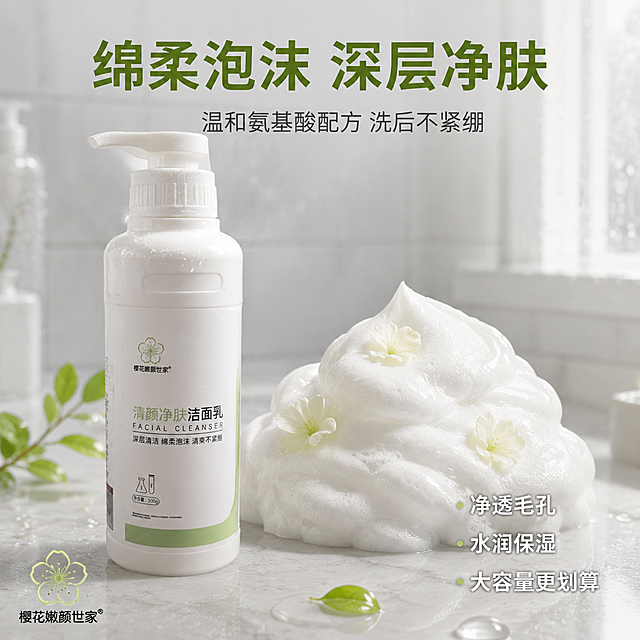 [主图-2] 洁面乳质地泡沫卖点图 拼多多直白卖点风格。
[氛围风格] 清新水润浴室场景风 真实使用感 通透干净。
[画质] 超高清商业摄影质感 光线柔和 泡沫绵密真实 产品清晰。
[元素] 白色按压泵洁面乳瓶位于画面左侧 瓶身白绿配色标签清晰 保持产品外观与输入产品图完全一致 杜绝变形色差。右侧是一团巨大绵密的奶白色泡沫堆 泡沫细腻有光泽 泡沫中隐约可见嫩绿樱花花瓣点缀。背景是浅灰色大理石浴室台面 有少量水珠和湿润感 后方是模糊的白色瓷砖墙 有柔和水雾感。台面上散落两三片绿叶和一滴透明水滴。产品底部有柔和接触阴影 自然落在台面上。商品主体占比约55% 泡沫占比约30%。
[光影] 右上方自然窗光为主光 柔和漫射 泡沫顶部有高光 左侧补光 整体明亮柔和 水雾营造朦胧通透感 光比舒适 质感真实。
[配色] 主色白色奶白 辅色清新嫩绿 背景浅灰大理石色 整体清爽洁净。
[视角构图] 平视略微俯视角度 产品在左 泡沫在右 形成左右平衡构图 上方留负空间放文案 景深中等 背景虚化 画面满屏无边框。
[文字版式] 上方居中大字主标题"绵柔泡沫 深层净肤" 深绿色粗体大号无衬线字 下方一行辅助文案"温和氨基酸配方 洗后不紧绷" 字号约主标题一半 深灰色细体。右下角三行卖点短句 每行前加绿色小圆点 分别是"净透毛孔""水润保湿""大容量更划算" 白色字带轻微深色描边保证可读。左下角放置樱花嫩颜世家品牌小Logo。
[输出要求] 1:1比例 文字清晰锐利 超高清商业摄影质感。
[负向提示词] 变形 文字错乱 产品模糊 背景杂乱 水印 电商平台Logo 多余的手 畸形手 人物面部扭曲。