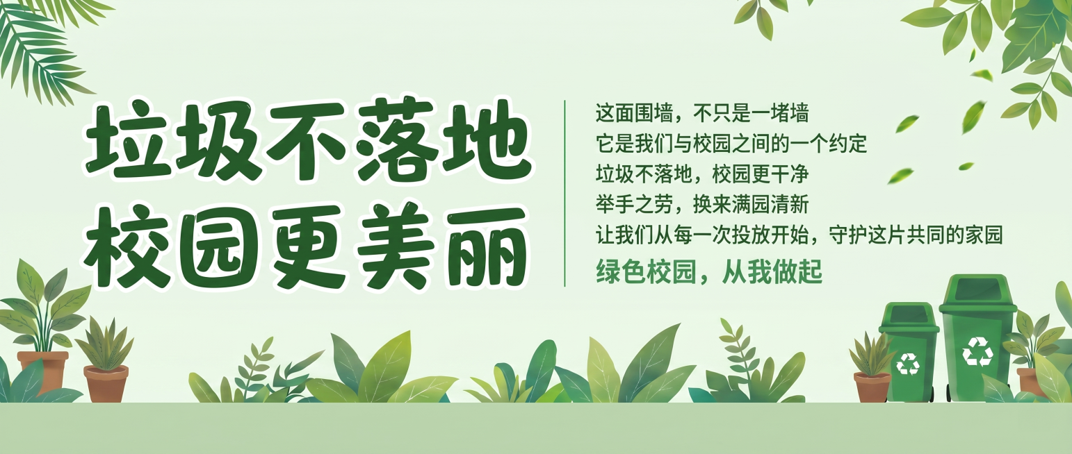 修改宣传画，将主题文字“垃圾不落地 校园更美丽”更换为活泼灵动的创意字体，保留所有文案内容和左右排版，去掉多余背景，只保留主体画面预览效果