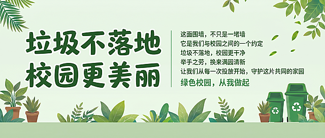 修改宣传画，将主题文字“垃圾不落地 校园更美丽”更换为活泼灵动的创意字体，保留所有文案内容和左右排版，去掉多余背景，只保留主体画面