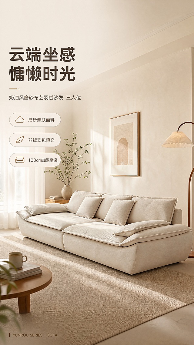 [商品] 使用【图1】米白色三人位磨砂布艺羽绒沙发；商品处理：保留沙发整体结构、宽大低矮造型、弧形扶手、羽绒靠包数量与形态、米白磨砂布材质和颜色；自然理顺面料褶皱，增强磨砂布肌理质感与缝线细节，不改变沙发版型、比例和结构。
[画面] 目标：首屏风格空间头图，展示沙发全貌与奶油风客厅松弛氛围。左文右景竖版构图，左侧约1/3竖列文案区，右侧约2/3整屋客厅大场景。沙发位于画面中右侧，占画面约55%，微侧视角度，前景铺米色地毯，中景沙发+羽绒靠包自然摆放，后景奶油色墙面+原木边几+落地灯+绿植+装饰画，暖调午后自然光从左侧窗洒入，营造慵懒居家氛围。阅读动线从左上主标题向下浏览。
[视觉] 套系策略：风格=奶油侘寂风高级家居商业摄影；标题字=现代简约无衬线粗体；正文字=简洁无衬线体；主色=奶油米白；背景延展=基于奶油米白做深浅层级、同色渐变和细腻墙面/织物质感；强调色=奶茶棕，仅用于小面积图标、引线、标签和装饰线条；标题色=深暖棕；正文色=中暖灰；组件=圆角浅底信息卡、细线引线、胶囊形卖点框；光影=左前侧暖柔自然光，柔和阴影。
[文字] 左侧竖列文案区：主标题"云端坐感 慵懒时光"，副标题"奶油风磨砂布艺羽绒沙发 三人位"，下方3条亮点胶囊框"磨砂亲肤面料""羽绒软包填充""100cm加深坐深"，底部小字系列角标"YUNROU SERIES · SOFA"。文字不遮挡沙发主体。
[规格] 图片比例9:16竖版，4K，避免变形、错字、文字过小、冷蓝/蓝灰背景、沙发颜色改变、版型失真、出现平台Logo或水印。
