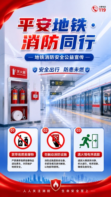写实商业摄影，城市轨道交通消防安全公益宣传海报，整体风格醒目严肃，安全警示调性，适配地铁站厅张贴。主视觉为现代化地铁站厅场景，包含消防设施元素。文字内容清晰可读，主标题"平安地铁・消防同行"，副标题"预览效果