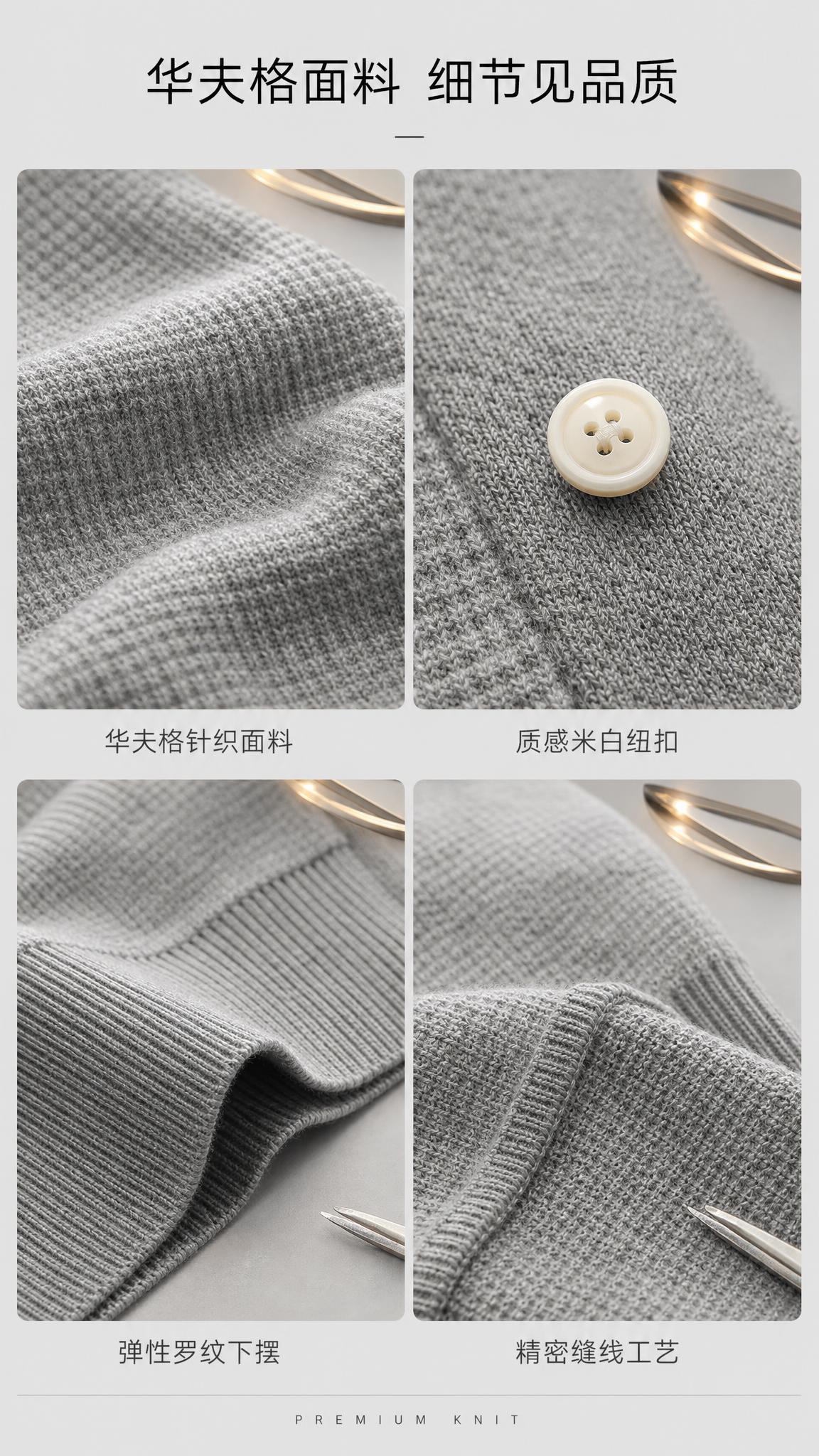[第3张] 详情页面料与细节-灰色翻领针织开衫面料与细节特写。… - 图片创意预览