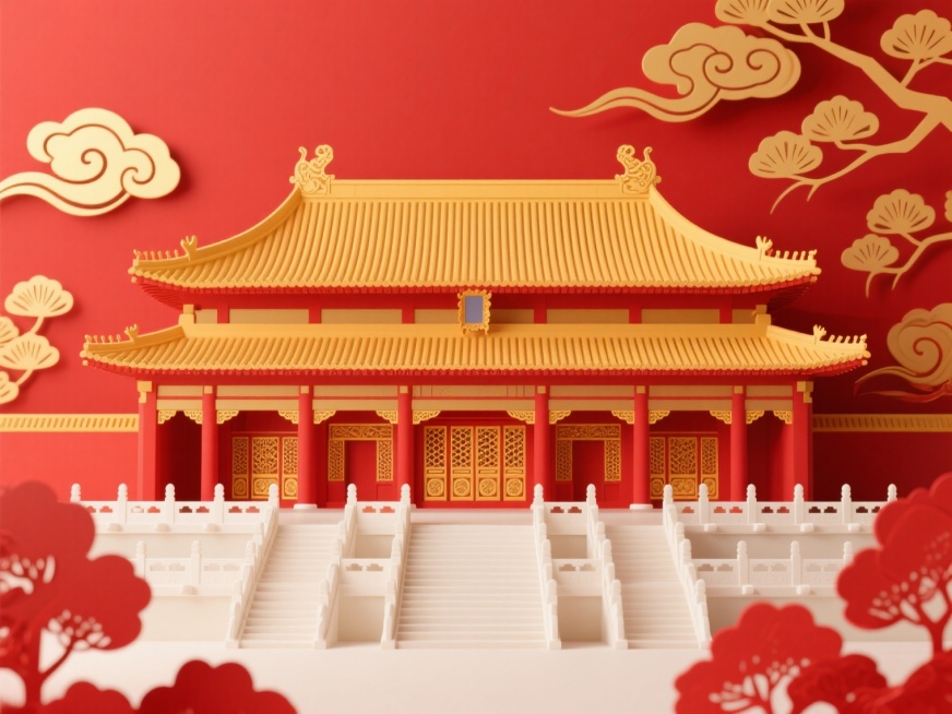故宫太和殿建筑群，3D立体剪纸风格，红色和金色为主色调，背景为纯净的红色，点缀金色祥云和松枝纹样。画面中央是三层重檐庑殿顶的太和殿，屋顶覆盖黄色琉璃瓦，屋脊上装饰瑞兽，殿身朱红色廊柱，金色门窗雕花。建预览效果