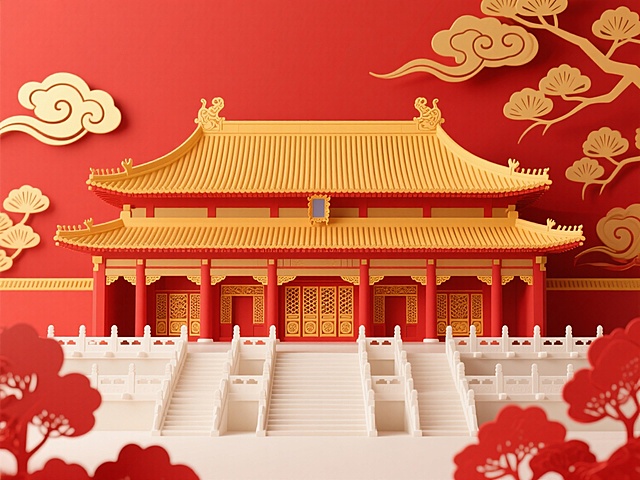 故宫太和殿建筑群，3D立体剪纸风格，红色和金色为主色调，背景为纯净的红色，点缀金色祥云和松枝纹样。画面中央是三层重檐庑殿顶的太和殿，屋顶覆盖黄色琉璃瓦，屋脊上装饰瑞兽，殿身朱红色廊柱，金色门窗雕花。建筑下方有白色汉白玉栏杆和台阶，前景有红色树木剪影。整体构图对称庄重，光影柔和，色彩明快和谐，风格干净简洁，符合现实建筑逻辑，适合作为背景素材使用