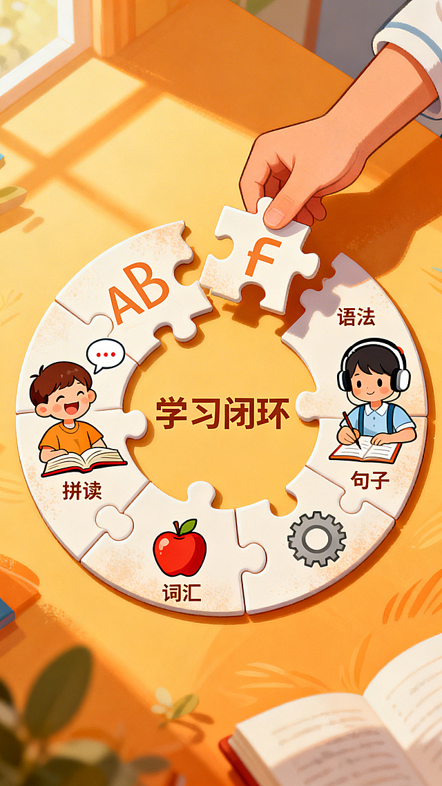 温暖充满活力的插画风格，一个孩子的手正将最后一块拼图放入巨大的圆形拼图中，完整的拼图展示了一个快乐的孩子在说话（带气泡）、看书、写字、戴耳机听的画面，分别代表四项技能，拼图块上微妙印着字母（拼读）、苹果（词汇）、句子曲线和齿轮（语法）的图标，圆形象征着“学习闭环”