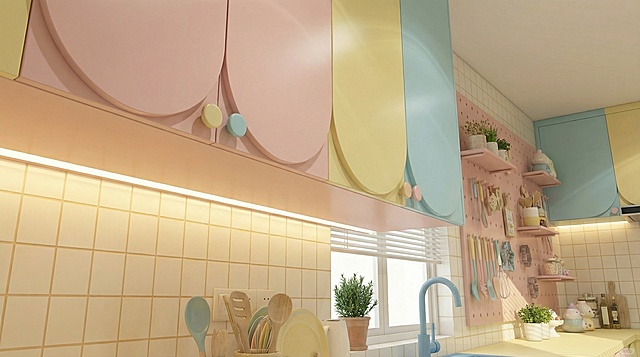 同一奶油马卡龙风厨房，从吊柜视角拍摄，展示圆角造型吊柜、马卡龙色系拉手，柜下搭配暖光灯带，网格瓷砖墙面，温馨充满童趣