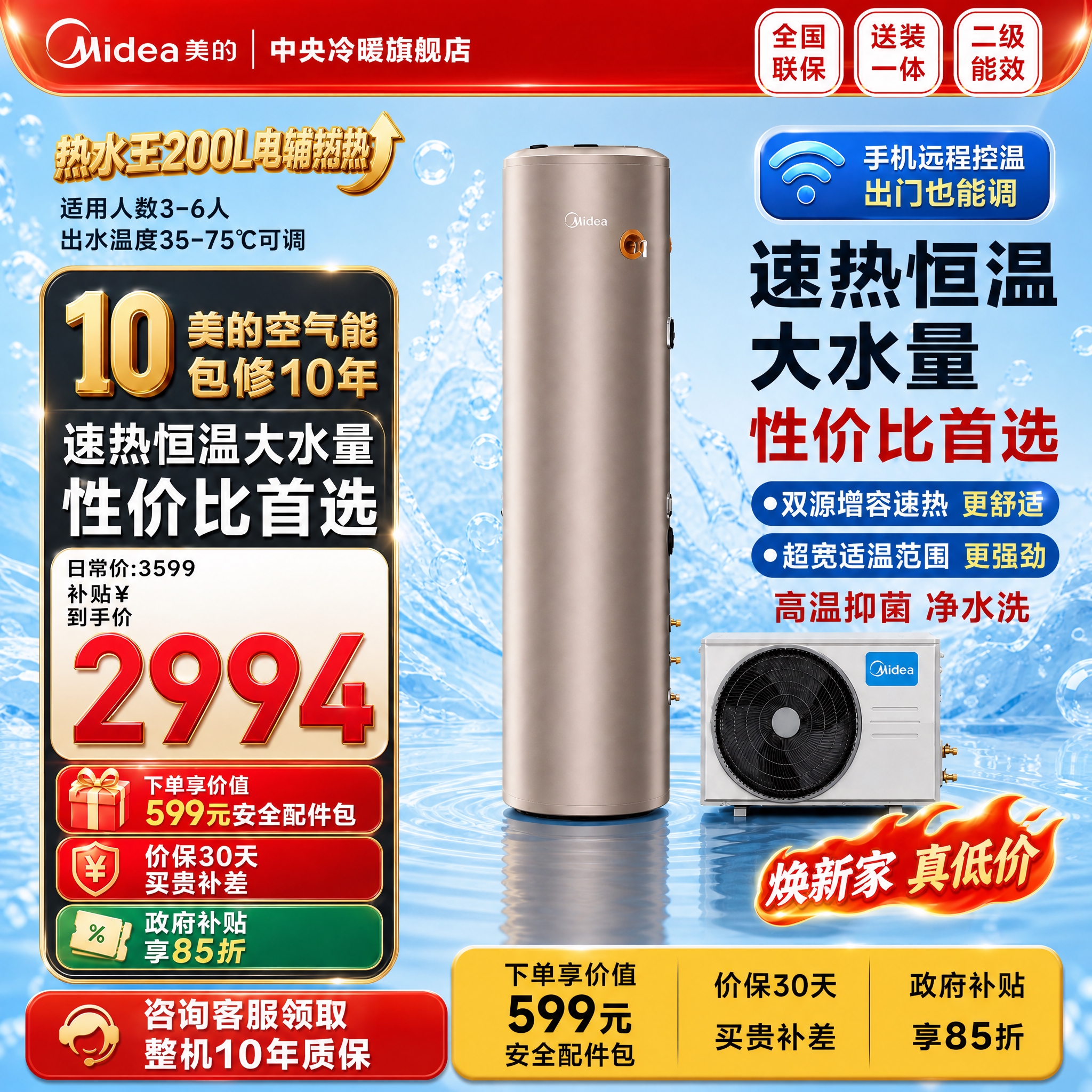 将这张美的空气能热水器电商主图调整为1:1正方形比例，保持所有… - 图片创意预览