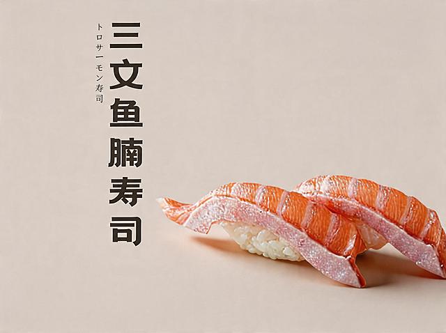 背景保持不变。优化成8K超高清商业美食摄影，寿司造型不变方向不变，三文鱼腩寿司造型精致，食材新鲜通透，三文鱼腩纹理清晰，脂肪纹理自然油润，米饭紧实饱满。整体为极简高级风格，顶侧45°柔和自然光，细腻柔和的阴影，食材有通透光泽感，商业级精修，超写实细节，电影级质感。柔和自然光，阴影细腻，专业美食摄影，佳能R5+100mm微距镜头，f/8光圈，锐度拉满，色彩自然高级，无噪点，无畸变，不要改变寿司原本造型和方向。保留原有文字"三文鱼腩寿司"，保持文字位置和样式不变。
