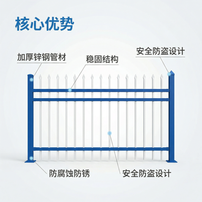 [主图主题] 锌钢围墙护栏核心优势展示
[氛围/风格] 专业品质展示，简约清晰，视觉舒适
[画面元素] 蓝白色锌钢护栏占据画面中心，四周留白，以产品为中心，用极细引线连接关键部位标注功能，引线末端带浅预览效果