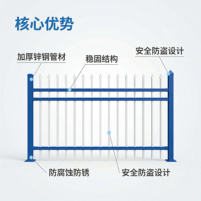 [主图主题] 锌钢围墙护栏核心优势展示
[氛围/风格] 专业品质展示，简约清晰，视觉舒适
[画面元素] 蓝白色锌钢护栏占据画面中心，四周留白，以产品为中心，用极细引线连接关键部位标注功能，引线末端带浅蓝色定位光点，背景为纯净浅灰色渐变，突出产品本身
[配色色系] 主色调：蓝白产品色，浅灰背景，文字深灰色
[视角构图] 正面平视，产品居中，构图稳定
[文字版式] 主标题 "核心优势" 左上角悬浮，加粗蓝色字体；四个核心卖点分别用引线标注：引线连接立柱标注 "加厚锌钢管材"，引线连接横杆标注 "稳固结构"，引线连接竖杆标注 "防腐蚀防锈"，引线连接尖头柱头标注 "安全防盗设计"；文字简洁，字号适中，不遮挡产品主体
[比例分辨率] 2k分辨率