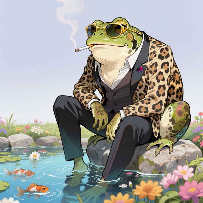 一只带有金钱豹花纹、穿着西装上衣的蛤蟆坐在花园池塘里的石头上，戴着一只缺了左眼镜片的金边太阳眼镜，嘴里叼着烧了一半的烟，翘着二郎腿看着脚下水里的鱼与花预览效果