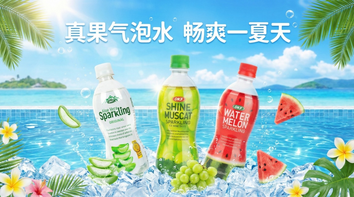 基于图中三瓶OKF真果气泡水，制作夏日气泡饮料宣传横版海报，保留文案"真果气泡水 畅爽一夏天"，画面风格清新充满夏天感，凉爽解暑氛围预览效果