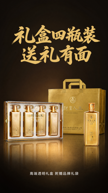 [第5屏] 礼盒包装整体展示，财富人生酒小金砖四瓶装礼盒。本屏使用【图2】和【图3】作为礼盒参考
[氛围/风格] 高端礼盒开箱展示，奢华大气，凸显包装档次
[元素布局] 画面主体展示打开的透明礼盒，四预览效果